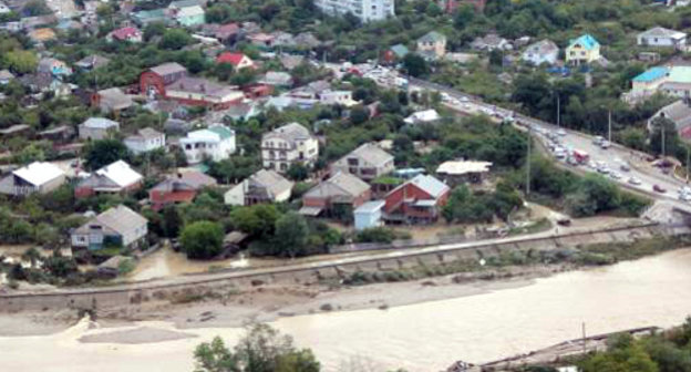 Top view of the flooded village of Novomikhailovsky, Tuapse District of the Krasnodar Territory, August 22, 2012. Courtesy of the press service of the Department for Krasnodar Territory of the Russian Ministry for Emergencies, www.23.mchs.gov.ru