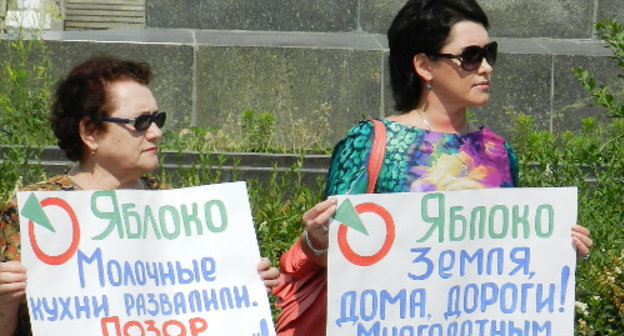 Participants of the rally "For Particular Actions in Defence of Children and Mothers" with posters: "You've ruined dairy kitchens, shame on 'Edinaya Rossiya'!" and "Land, houses, roads - to large families of Volgograd!"; Volgograd, June 1, 2013. Photo by Tatiana Filimonova for the "Caucasian Knot"