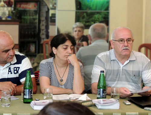 Participants of the project "Strengthening of Women's Capacity for Building Peace in Southern Caucasus" completed by the human rights organization "Centre of Civil Initiatives" in Nagorno-Karabakh. From left to right: the head of the Stepanakert rehabilitation center Vardan Tadevosyan; the chief of the target group in Shushi Anait Tovmasyan;
the head of the "Centre of Civil Initiatives" Albert Voskanyan. Nagorno-Karabakh, Stepanakert, June 29, 2013. Photo by Marta Altunyan, http://www.kavkaz-uzel.ru/blogs/929/posts/15113