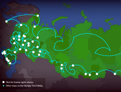 "Alternative Map of Olympic Torch Relay" at the site of the international Human Rights Watch, http://www.hrw.org/ru/news/2013/10/07/rossiya-drugaya-storona-estafety-olimpiiskogo-ognya