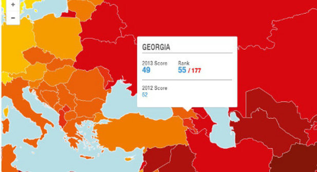 Georgia's result on the interactive map of Corruption Perceptions Index 2013, published by the international non-governmental organization "Transparency International", http://cpi.transparency.org/cpi2013/results/