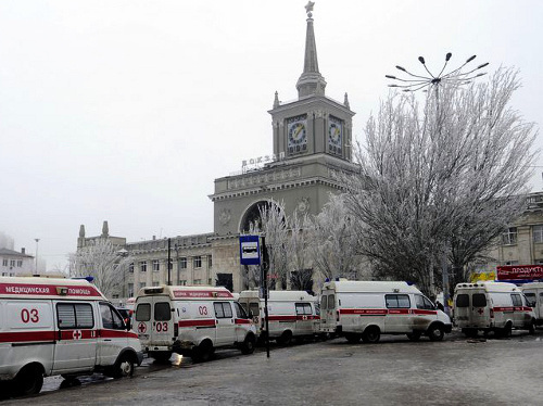 Volgograd, December 30, 2013. Ambulance cars near railway station. Photo by the press service of the Volgograd regional government, http://www.volganet.ru/