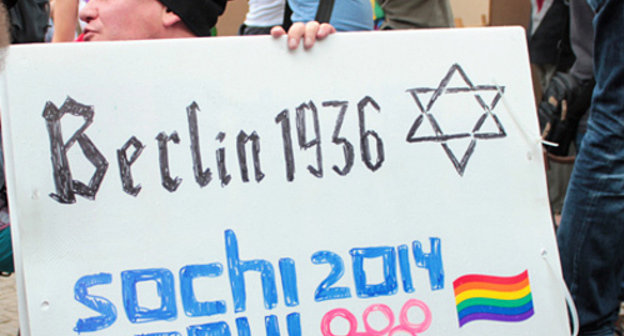 Poster against homophobia at the rally with an appeal to boycott Sochi Olympic Games. Berlin, August 31, 2013. Photo: Adam Groffmann, http://www.flickr.com/