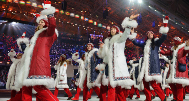 Russian team during the Parade of Nations at the Sochi 2014 Opening Ceremony, Sochi, February 7, 2014, Photo by Alexei Kudenko, RIA Novosti