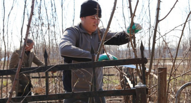 Subbotnik on Christian cemeteries in Leninsky District of Grozny, April 4, 2014. Photo by the press service of the Ministry of Highways of the Chechen Republic, http://www.minavtodorchr.ru/top-news/662-fotoreportazh-s-subbotnikov-po-ochistke-territorii-kladbishcha-v-leninskom-rajone-g-groznogo