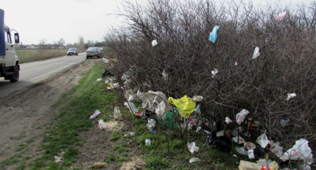 Garbage from household waste disposal covering bushes along the highway. Volgograd Region, Sredneakhtubunsky District, Zakutsky village, April 13, 2014. Photo by Vyacheslav Yaschenko for the ‘Caucasian Knot’. 