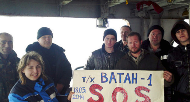 Crew of bulk-carrier ’Vatan-1’ at the port of Baku, March 18, 2014. Photo is provided by crew members