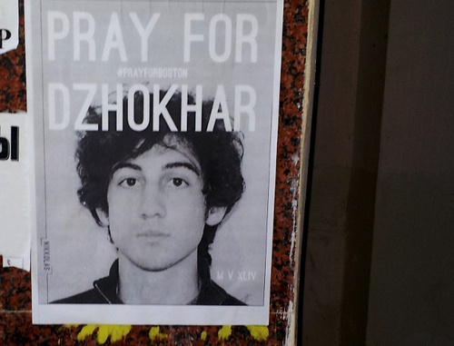 Leaflet in support of Dzhokhar Tsarnaev: ‘Pray for Dzhokhar’. Grozny, April 2013. Bystander’s photo. 