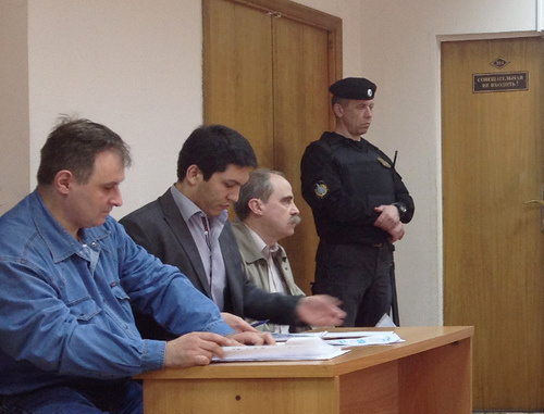 At the preliminary court hearing on the complaint filed by the Human Rights Centre "Memorial" and the International Society "Memorial" against the Prosecutor's Office inspections, Moscow City Court, May 7, 2013. From left to right: Chairman of the Board of the HRC "Memorial" Alexander Cherkasov, advocate of the HRC "Memorial" Furkat Tishaev, member of the Board of the International Society "Memorial" Jan Rachinsky. Photo by press-service of the HRC "Memorial", http://www.memo.ru