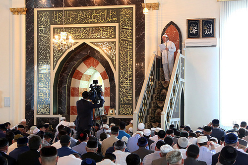 Festive prayers in connection with the end of the holy month of Ramadan held in the central mosque of Nazran on July 28, 2014. Photo by Adam Merzhoev, http://ingushetia.ru/