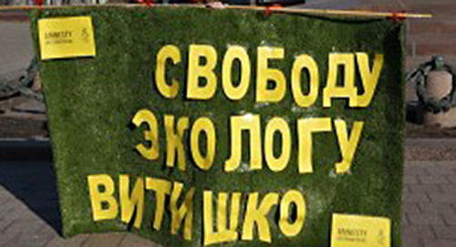 Poster "Freedom to ecologist Evgeny Vitishko". A solo picket, Moscow, February 2014. Photo http://freevitishko.org/ru/?page_id=40  