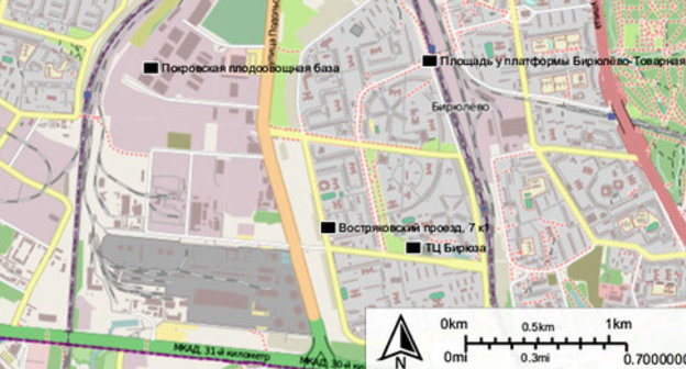 On the map black dots are placed on the sites where mass riots in Biryulyovo occured. Photo: Own https://ru.wikipedia.org