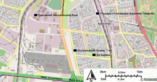 On the map black dots are placed on the sites where mass riots in Biryulyovo occured. Photo: Own https://ru.wikipedia.org