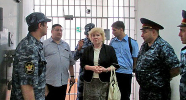 Maria Kannabikh, a member of the Presidential Council for human rights and civil society, Magomed Mutsolgov, a member of the Public Oversight Commission of Ingushetia (to the left) during the visit to the cell in SIZO (pre-trial prison) No. 1. Ingushetia. Photo  