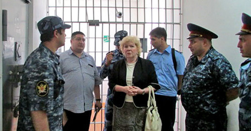 Maria Kannabikh, a member of the Presidential Council for human rights and civil society, Magomed Mutsolgov, a member of the Public Oversight Commission of Ingushetia (to the left) during the visit to the cell in SIZO (pre-trial prison) No. 1. Ingushetia. Photo  