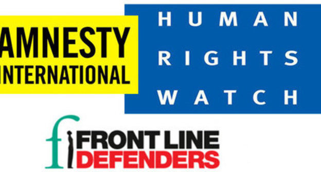 Logos of the international human rights organizations "Human Rights Watch" (HRW), "Amnesty International" (AI) and "Front Line Defenders" (FLD). Collage by the "Caucasian Knot"