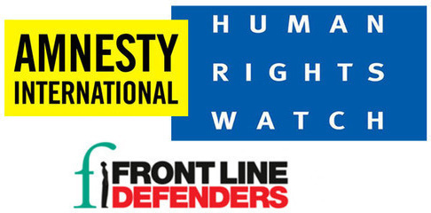 Logos of the international human rights organizations "Human Rights Watch" (HRW), "Amnesty International" (AI) and "Front Line Defenders" (FLD). Collage by the "Caucasian Knot"