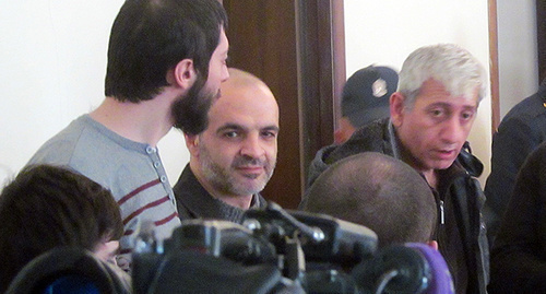 Defendants in the case of the "Million Mask March" at the court hearing. Yerevan, February 2, 2015. Photo by Armine Martirosyan for the ‘Caucasian Knot’. 