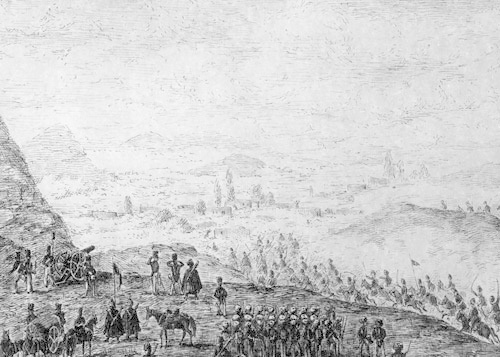 Fragment of picture "Attack on Aul of Abadzehs" (during Russian-Caucasian war). From Album of Tengin Regiment, page 47. Source: Moscow State Historical Museum. Borrowed from http://circassiangenocide.org