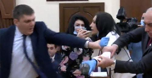 Action of "Apricot Country" triggers brawl in Yerevan's Council of Elders, February 13, 2018, Still picture of video posted by user Factor tv https://www.youtube.com/watch?v=YWpEv1VdDQ4
