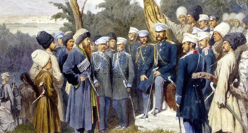 "Imam Shamil surrendered to Count Baryatinsky on August 25, 1859" by Kivshenko, Alexei Danilovich. Central Naval Museum, St. Petersburg http://navalmuseum.ru