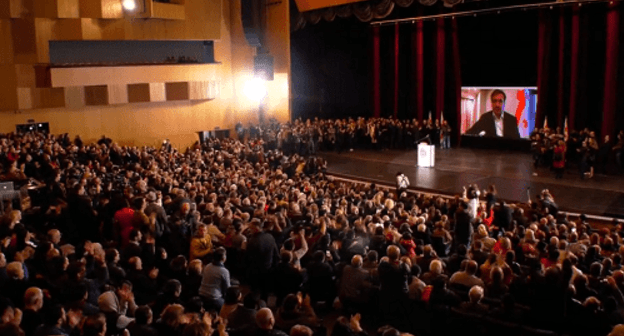 Mikhail Saakashvili's speech for the UNM supporters via Skype in Tbilisi. Photo by the press service of the party
https://www.facebook.com/nacionalurimodzraoba/videos/372906620120619/