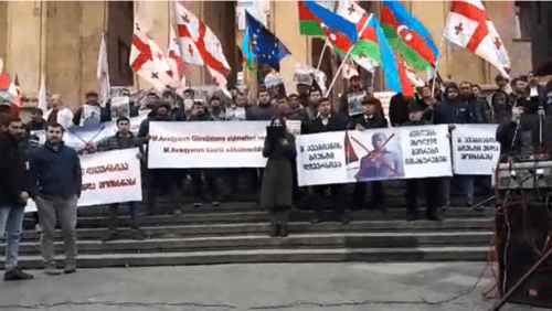 A protest action held in Tbilisi with a demand to dismantle the monument to Mikhail Avagyan. February 8, 2019. Screenshot of the video https://www.facebook.com/aliQmedia/videos/343223656527583/