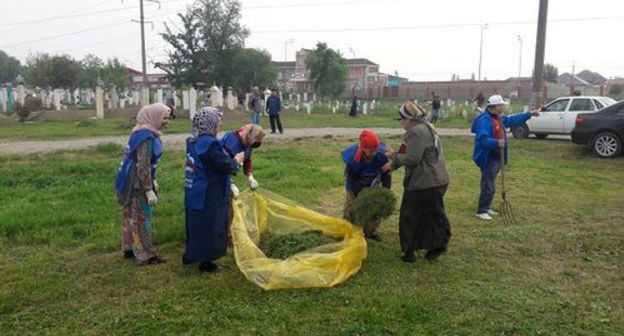 Residents of Argun city at a subbotnik. Photo by the press service of the United Russian Party https://chechen.er.ru/