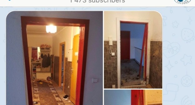 A door blown up by German law enforcers during searches at an apartment of one of the Chechen natives. Screenshot of the post in Telegram Channel made by Vaifond human rights association. https://t.me/vayfond/1694