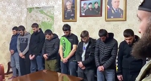 A "warning conversation" with people detained for for using of narcotic and psychotropic substances. Screenshot from video posted by IA 'Grozny-Inform', https://www.youtube.com/watch?v=-lhD4oUqZMU