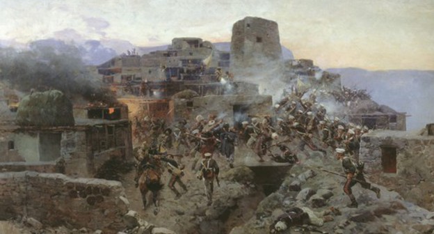 Storming the village of Gimry. A painting by Francois Roubaud https://ru.wikipedia.org/wiki/Битва_за_Гимры#/media/Файл:Sturm_aul_Gimry_1891.jpg