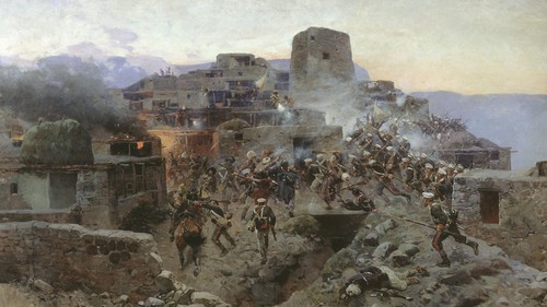 Storming the village of Gimry. A painting by Francois Roubaud https://ru.wikipedia.org/wiki/Битва_за_Гимры#/media/Файл:Sturm_aul_Gimry_1891.jpg