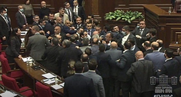 A mass brawl at a sitting of the Armenian parliament. Screenshot of the video at the Parliament of Armenia YouTube channel https://www.youtube.com/watch?v=fvSLd2aH2DY&amp;feature=youtu.be