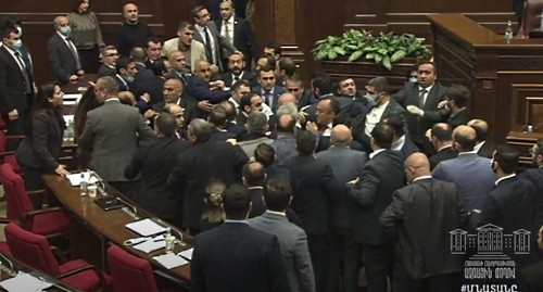 A mass brawl at a sitting of the Armenian parliament. Screenshot of the video at the Parliament of Armenia YouTube channel https://www.youtube.com/watch?v=fvSLd2aH2DY&amp;feature=youtu.be