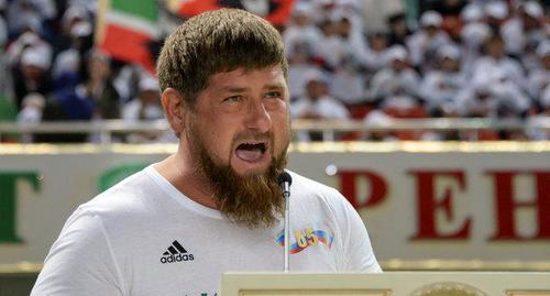 Ramzan Kadyrov gives speech prior to the beginning of a football game in honour of Vladimit Putin, Grozny, October 7, 2017. REUTERS/Said Tsarnayev