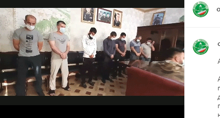 Seven men detained in Kurchaloi District are reprimanded at the police station. Screenshot from video posted by Chechnya Online Channel at: https://www.instagram.com/p/CEgy-T4HfHf/