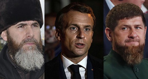 Salakh Mezhiev, Emmanuel Macron and Ramzan Kadyrov (from left to right). Collage made by the Caucasian Knot. Photo: REUTERS/Maxim Shemetov, Abdulmonam Eassa/Pool via REUTERS,   vk.com/salah_mezhiev