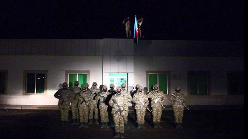 Azerbaijani soldiers in the Lachin District of Nagorno-Karabakh on December 1, 2020. Screenshot of the video by Azərbaycan Respublikası Müdafiə Nazirliyi  https://www.youtube.com/watch?v=0PbCAhxR5qQ&amp;feature=emb_logo