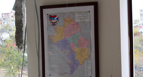 Map of Nagorno-Karabakh territory in a administrative building in Stepanakert destroyed during shelling. Photo by Armine Martirosyan for the Caucasian Knot