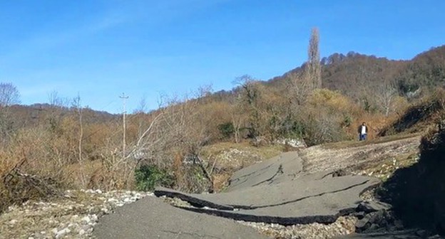 A road in the village of Bedia du after the landslide. Screenshot of the video by the "Sputnik Abkhazia" https://www.youtube.com/watch?v=idVSNoJgXtg&amp;feature=emb_logo