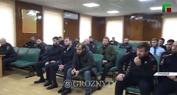 Chechen GIBDD (traffic police) inspectors at the meeting with Chingiz Akhmadov. Screenshot of the video by the "Grozny" TV Channel https://www.instagram.com/p/CMEZg6SBS5p/