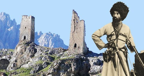 An Ossetian in North Caucasus in the 18th-century dress, Ramonov Vano (19th century). The Tsagaraev and Gabis towers. The village of Tsymyti, town of Khalgon, Kurtatinsky gorge, North Ossetia. Collage by the "Caucasian Knot". Photo: Ahsartag, public domain https://ru.wikipedia.org/