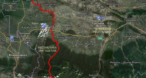 Ingushetia-Chechnya border. Photo: Yandex map, collage made by the Caucasian Knot