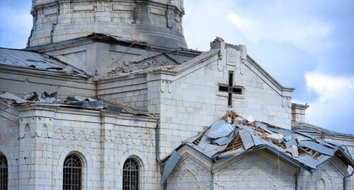 Destruction of the cathedral in the city of Shusha, October 8, 2020. Photo from the Facebook account of Araik Arutyunyan, the head of Nagorno-Karabakh https://www.facebook.com/ArayikHarutyunian/posts/620041545359889