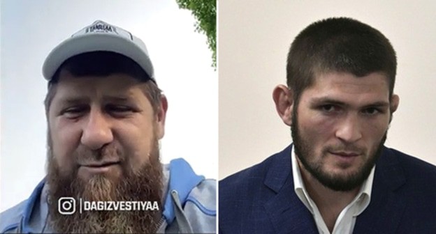 Ramzan Kadyrov, Khabib Nurmagomedov. Screeshot: Dagestanskiye Izvestia, http://www.instagram.com/p/COygUcOI7kj and REUTERS/Maxim Shemetov. Collage made by the Caucasian Knot