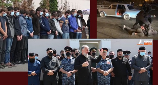 Adam Delimkhanov talked to the  offenders who returned back home. Collage by the "Caucasian Knot". Screenshot of the video by "Chechnya Today" https://www.youtube.com/watch?v=TzGIjXH4yHg