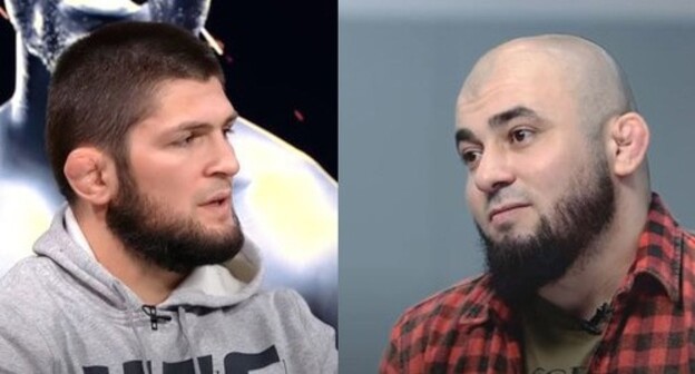 Khabib Nurmagomedov (on the left) and Aslanbek Badaev, the vice-president of the Absolute Championship Akhmat League. Screenshot of the videos https://youtu.be/V34FJfn51CM https://www.youtube.com/watch?v=kbBsbmvvB2Q