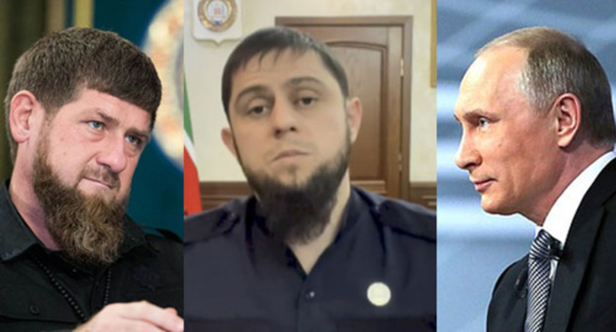 Ramzan Kadyrov; Akhmed Dudaev, the Minister of Information of Chechnya, reported on February 7 that Chechen authorities were no longer going to comment the statements made by opponents of regional authorities; Vladimir Putin (from left to right). Collage by the "Caucasian Knot". Photos: kremlin.ru, Grozny Inform, screenshot of the video https://www.instagram.com/p/CZrvm6EDZ-a/"