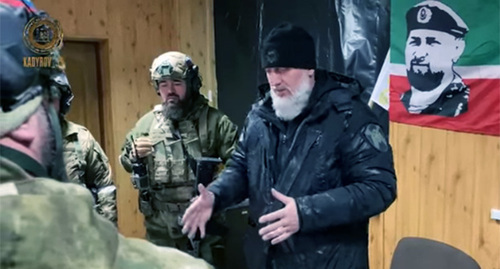 Adam Delimkhanov and Chechen security forces participating in the military operation in Ukraine. Image made from video posted on Ramzan Kadyrov's VK channel https://vk.com/ramzan?w=wall279938622_777991