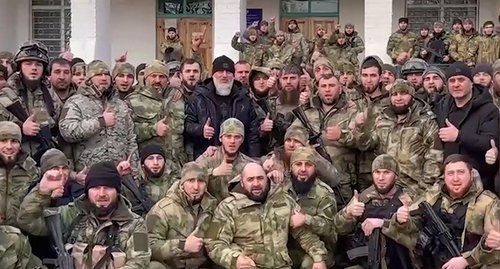 Chechen fighters of the "Rosgvardiya" (Russian National Guard) in Ukraine. Screenshot of the video on Ramzan Kadyrov's channel https://vk.com/ramzan?z=video279938622_456245007%2Fpl_279938622_-2